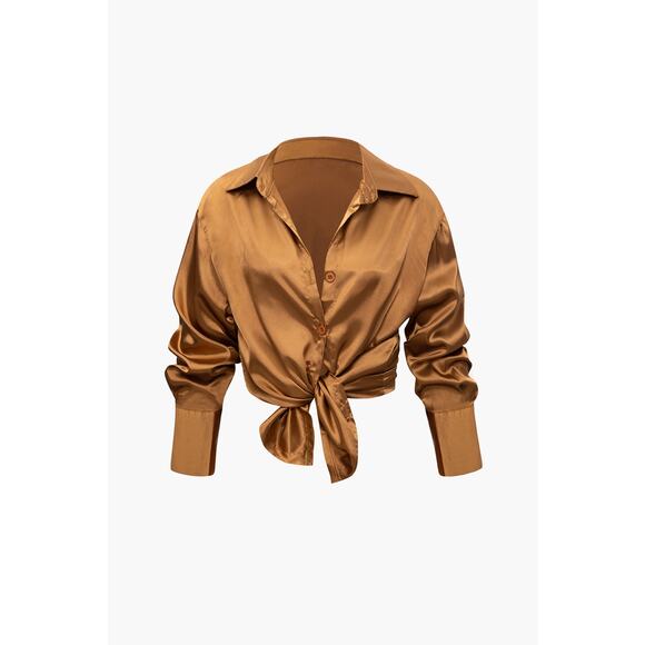Micas Satin Button Up Long Sleeve Shirt And Pants Set Casual Elegant Coffee L - Picture 6 of 8